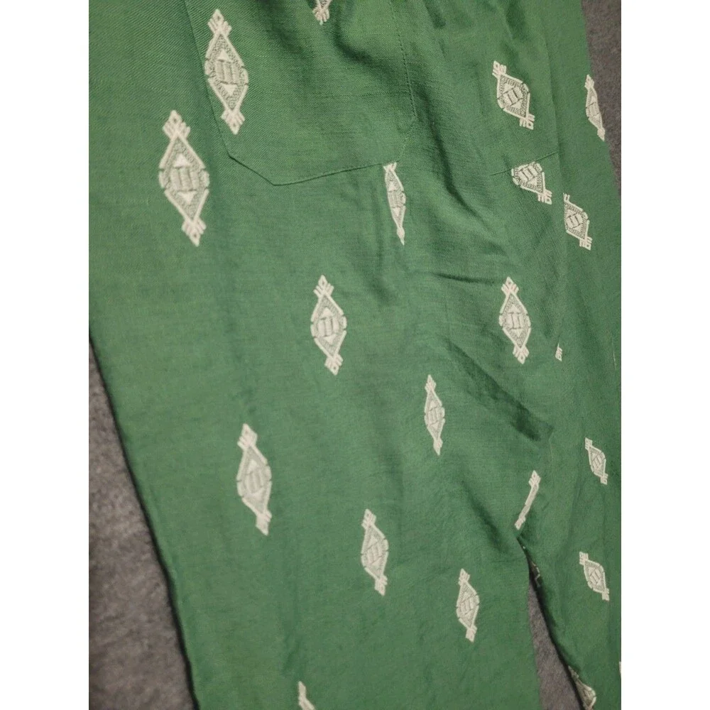 Zara Large pants linen embroidered geometric zip wide leg pockets green